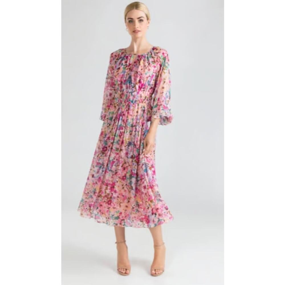 Shoshanna Silk Floral Midi Dress Pink Ruched Keyhole Size 8